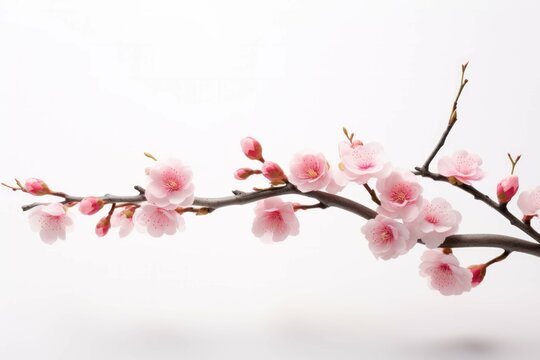 a pink cherry tree branch against a white background