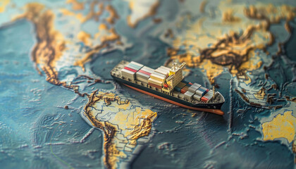 Fototapeta premium A small model of a ship is on a map of the ocean by AI generated image