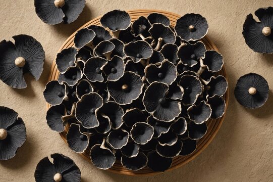 Overhead view of dried muer black chinese fungus mushrooms