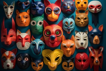 a set of colorful animal faces all lined up