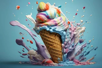 Foto auf Alu-Dibond colorful ice cream cone with lots of colorful icing splashed all over it © Michael Böhm