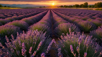 Wonderful scenery, amazing summer landscape of blooming lavender flowers, peaceful sunset view, agriculture scenic. Beautiful nature background, inspirational panorama