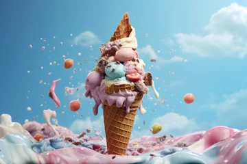 Foto auf Alu-Dibond an ice cream cone filled with colorful splashed icing © Michael Böhm