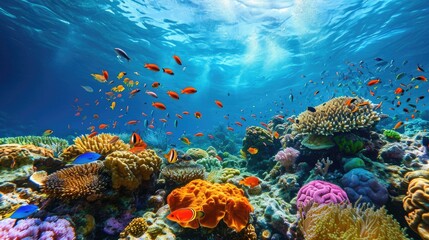 Fototapeta na wymiar An underwater coral reef scene, diverse marine life, vivid colors, showcasing the beauty and diversity of ocean life. Underwater photography, coral reef ecosystem, diverse marine life,. Resplendent.
