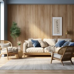 Modern living room interior with wooden wall panelling, comfortable sofa, stylish armchairs and trendy home decor