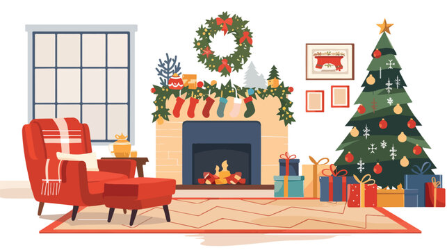 Living room in Christmas Day vector illustration Flat