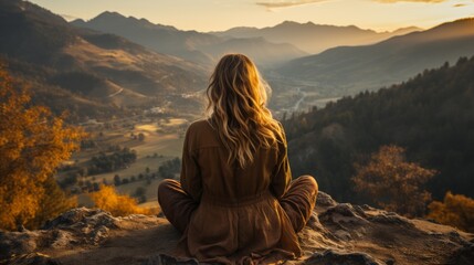 woman in brown clothes meditating on a cliff overlooking a valley during sunset - obrazy, fototapety, plakaty