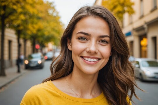 young woman's captivating gaze with a warm smile, wearing a yellow top