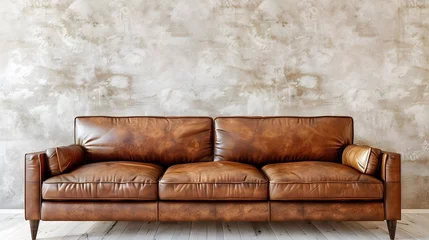 Foto op Aluminium Brown leather sofa against beige stucco wall. Loft home interior design of modern living room © Muzikitooo