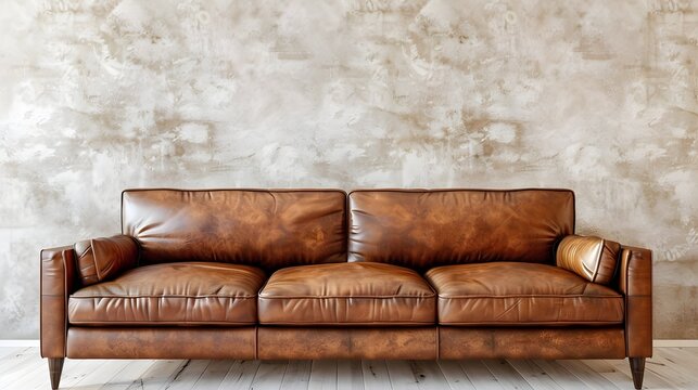 Fototapeta Brown leather sofa against beige stucco wall. Loft home interior design of modern living room