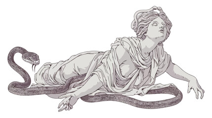 Marble sculpture of woman with snake. Statue of greek