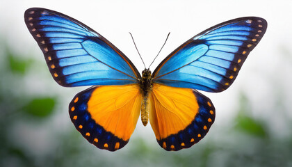 Very beautiful blue yellow orange butterfly in flight isolated on a white background.