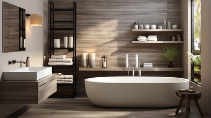 Bathroom interior with bathtub, sink and shelving