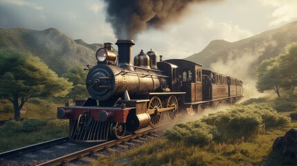 A steam locomotive train travels through a lush green valley