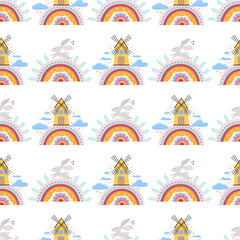 Seamless pattern with bunnies. Children's print with rabbits. Spring. Work in the garden. Clouds, mill. Cute pattern for kids.