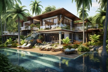 Fototapeta premium A stunning modern villa with a pool in a tropical paradise