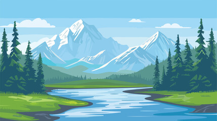 Mountain river plains and trees blue sky Flat vector