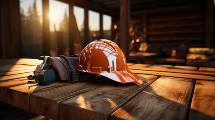 An orange hard hat and a pair of ear defenders rest on a wooden table in a building under construction. - obrazy, fototapety, plakaty