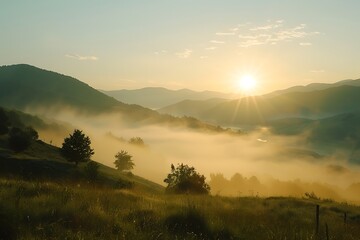: A serene mountain landscape at dawn, with fog lifting as the sun rises, in a time-lapse sequence