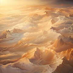 Surreal painting of a mountainous landscape with a glowing atmosphere