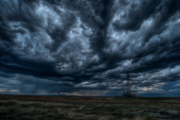 A stormy sky with dark clouds and a tall power line - Powered by Adobe