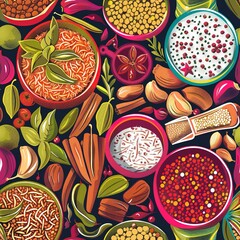Moroccan spice market seamless pattern, vibrant and aromatic with spices and herbs. Seamless Pattern, Fabric Pattern, Tumbler wrap, Mug Wrap.