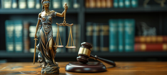 Lady Justice Statue and Gavel on Lawyer's Desk. Legal Law Concept with Scales of Justice and Judge's Gavel