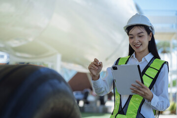 Woman engineer in white hardhat standing and holding tablet working aircraft maintenance mechanics moving through hangar.