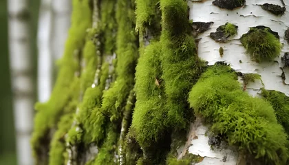 Tuinposter Beautiful green moss on a birch closeup.  © ahmad05