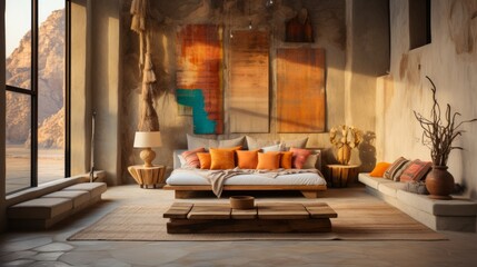 Desert luxury hotel room interior with stylish furniture and accessories