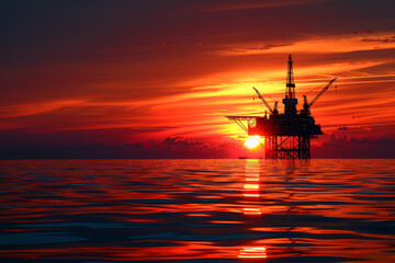 A large oil rig is floating in the ocean at sunset