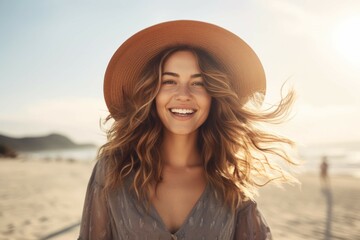 a beautiful woman smiling on the beach wearing a straw hat