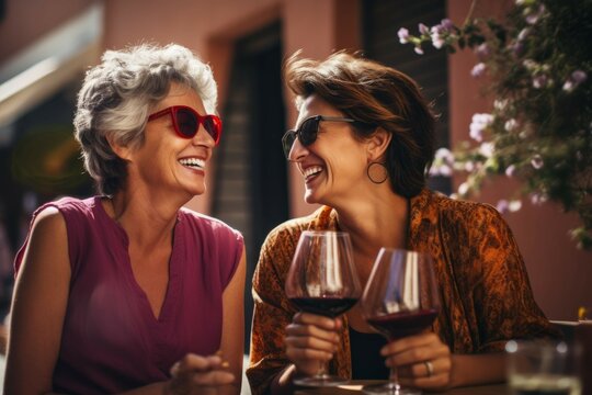 women laughing and having wine together in summer
