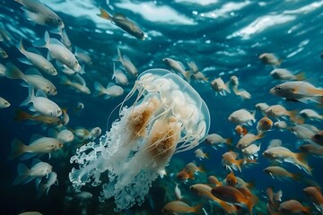 : A slow-moving, translucent jellyfish in the midst of a lively school of smaller fish