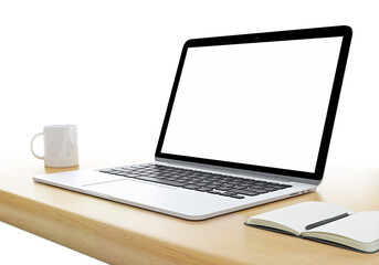 Laptop with blank screen, coffee mug, and notebook on a desk against a white background, concept of workspace