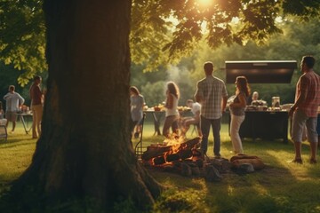 Fototapeta premium Friends having a barbecue in a park with a green lawn and trees.
