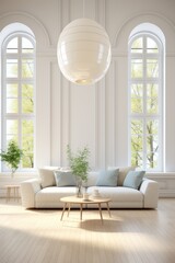 Elegant living room interior with white sofa and large windows