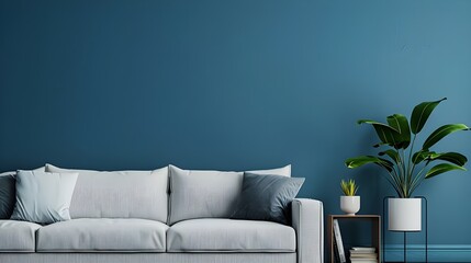close up. Sofa and book stand against blue wall. Scandinavian home interior design of modern living room.