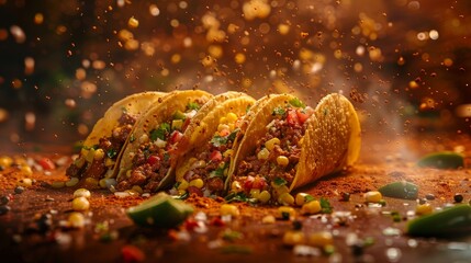 Tacos with Ground Beef and Fresh Vegetables Falling Spices Dark Background