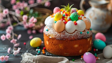 Fototapeta na wymiar Easter cake garnished with sugar on a Beautiful background