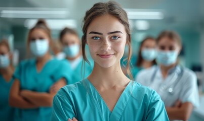 Portrait of a young nursing student standing with her team in hospital, dressed in scrubs, Doctor intern, Generative AI