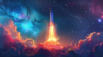 Cartoon space ship rocket taking off,copy space