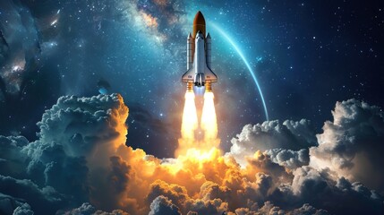 Cartoon space ship rocket taking off,copy space - obrazy, fototapety, plakaty