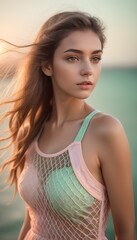 Fototapeta premium Beautiful female model at Bech in trending summer