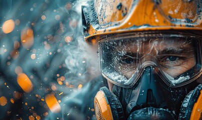 Professional construction worker wearing a high-grade dust mask, surrounded by lot of floating particles of glass wool dust in a construction site, Generative AI - obrazy, fototapety, plakaty