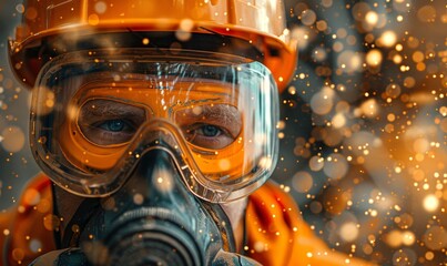 Professional construction worker wearing a high-grade dust mask, surrounded by lot of floating particles of glass wool dust in a construction site, Generative AI - obrazy, fototapety, plakaty