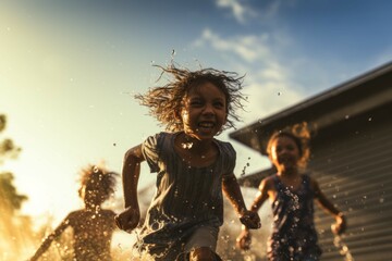 Children playing in a sprinkler - obrazy, fototapety, plakaty