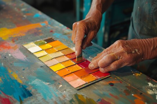 Artist comparing different shades on a paint color card, detailed focus, natural light