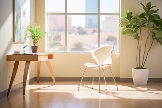 An illustration of a home office with a large window, a desk, a chair, and a plant