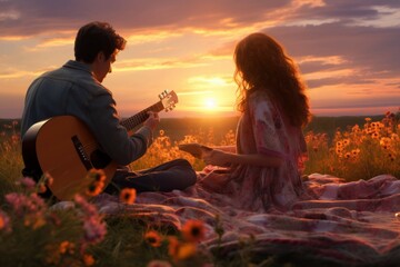 Couple having a picnic while enjoying the sunset